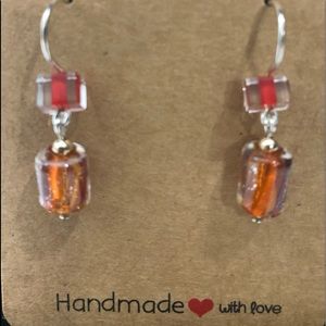 ARTISAN LAMPWORK EARRING - 925 STERLING SILVER DANGLE RED-BROWN BARREL BEADS